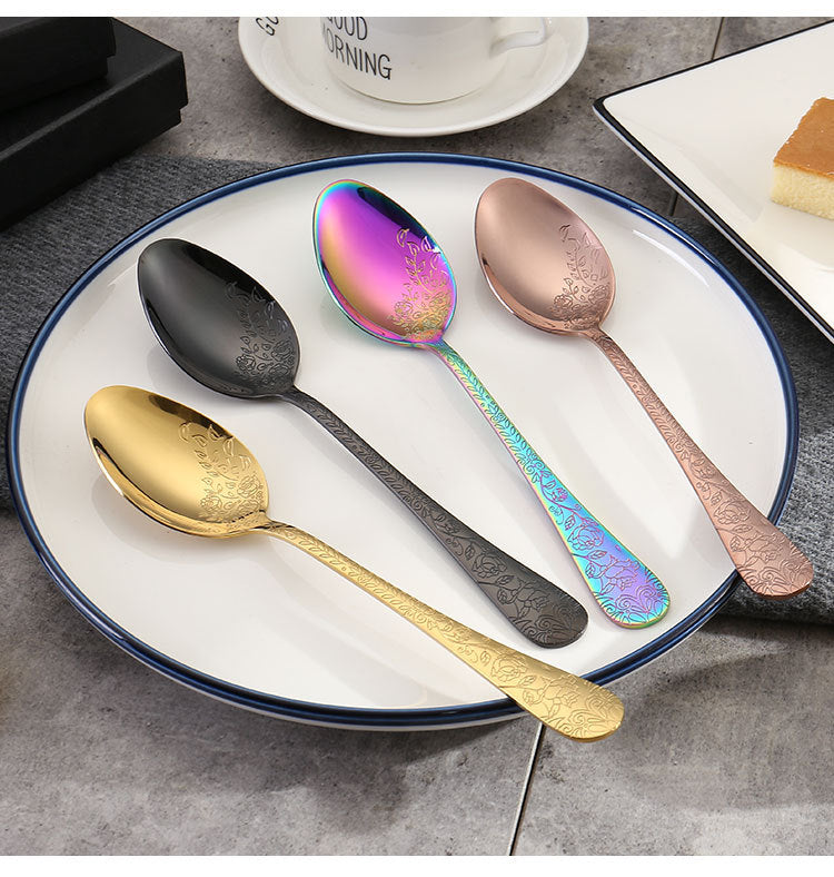 Vintage Pattern National Trend Stainless Steel Cutlery Set Five-Piece Set Western Steak Knife Fork Spoon Dessert Spoon Fork