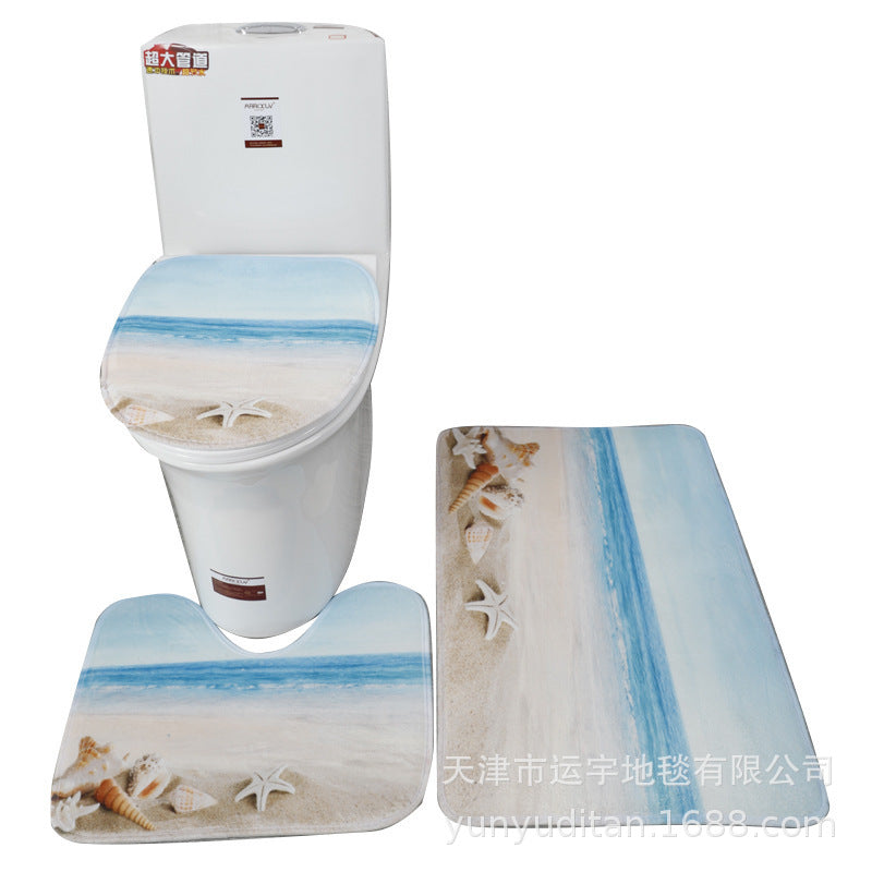 Coral Fleece Toilet Three-Piece Set Bathroom Mat Flannel Water Absorption Non-Slip Foot Mat Manufacturer Label