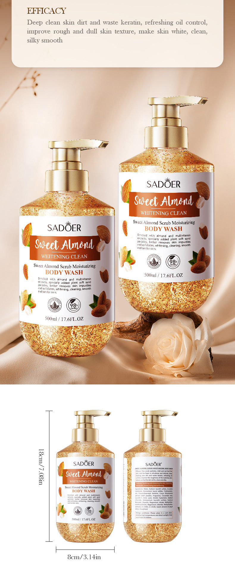 Sweet Almond Whitening Scrub Body Wash500ml SADOER  foreign trade wholesale of cleansing body wash