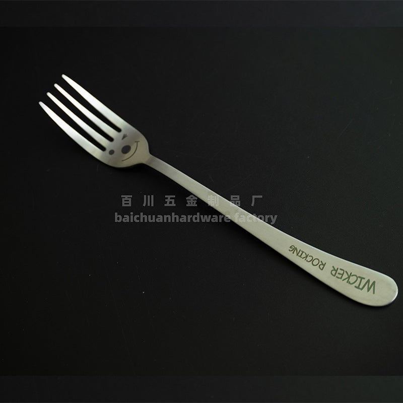 304Stainless Steel Creative Smiley Face Slanted Handle Laser Spoon Chopsticks Fork Student Tableware Full Set Gift Children's Tableware