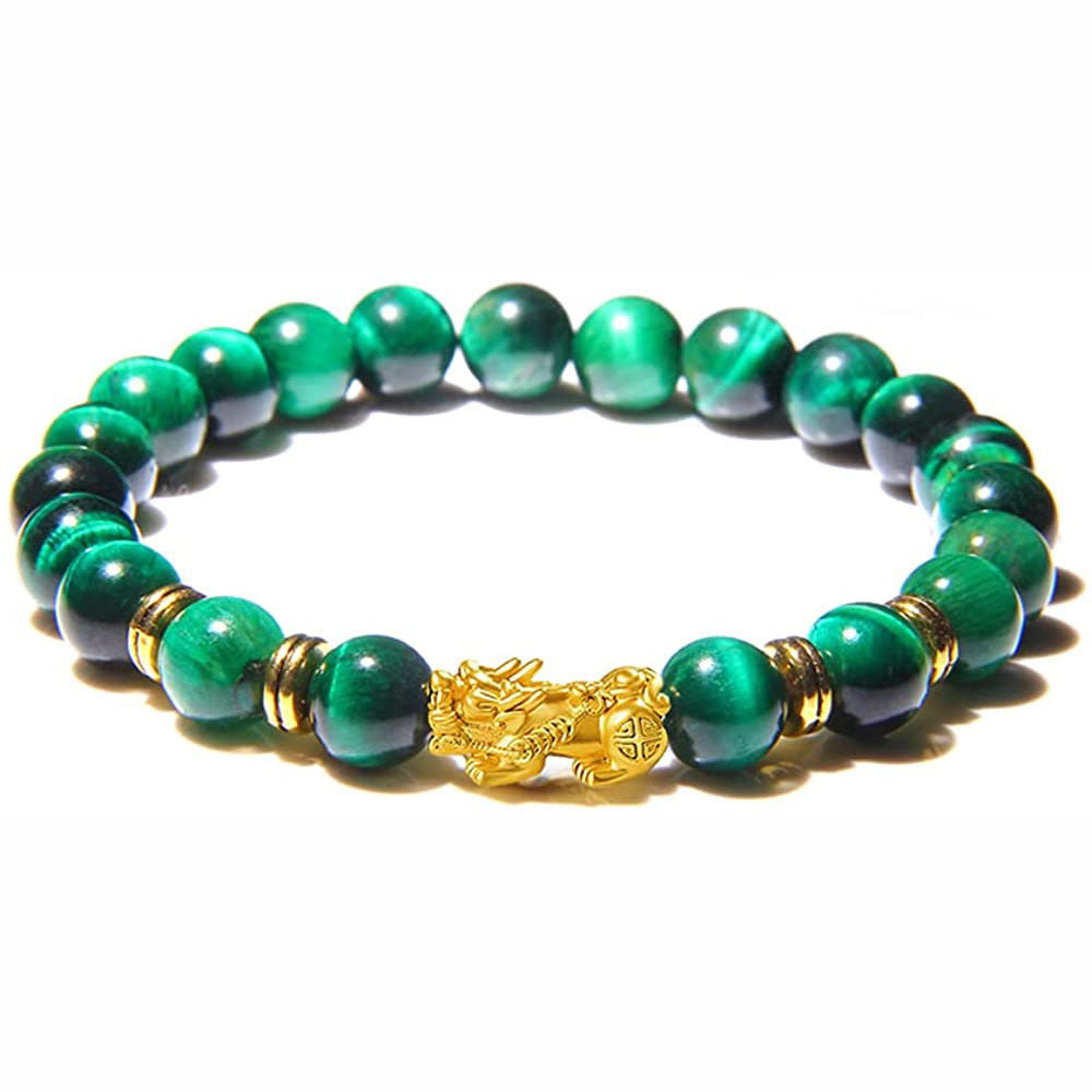 Fortune-Attracting Pixiu Bracelet Men's Gift8mm Blue Tiger Eye Beaded Natural Stone Yellow Tiger Eye Pixiu Bracelet