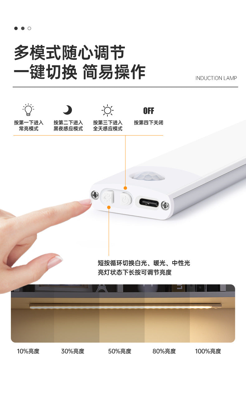 Ultra-thin Smart Human Body Sensor led Lamp Magnetic Self-Adhesive Long Strip Wardrobe Light with Rechargeable Wine Cabinet Cabinet Light Strip