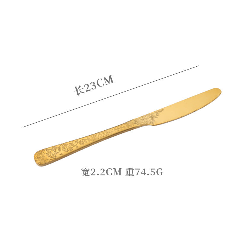 Vintage Pattern National Trend Stainless Steel Cutlery Set Five-Piece Set Western Steak Knife Fork Spoon Dessert Spoon Fork