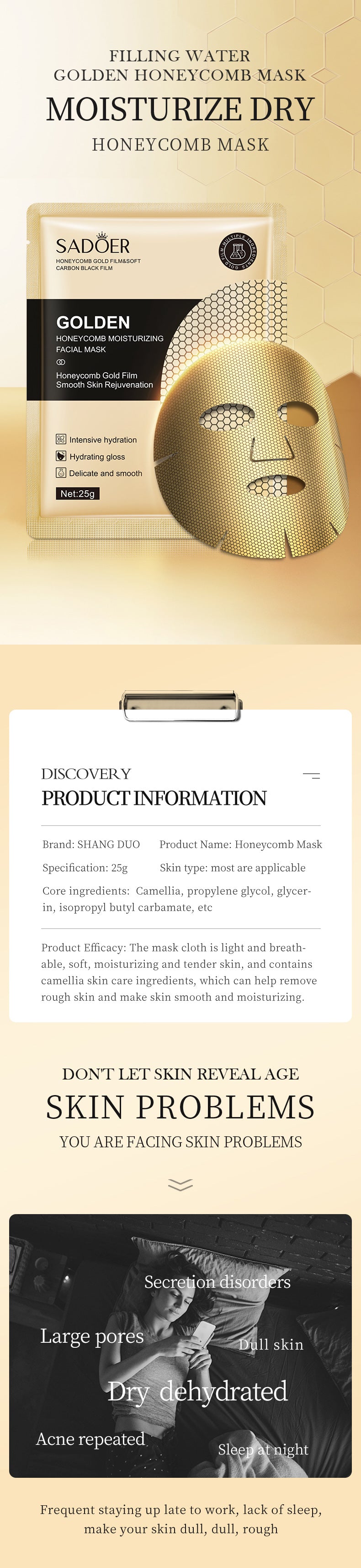 Gold Mask SADOER Golden Honeycomb Mask Sheet Pack Moisture replenishment  Foreign Trade Wholesale