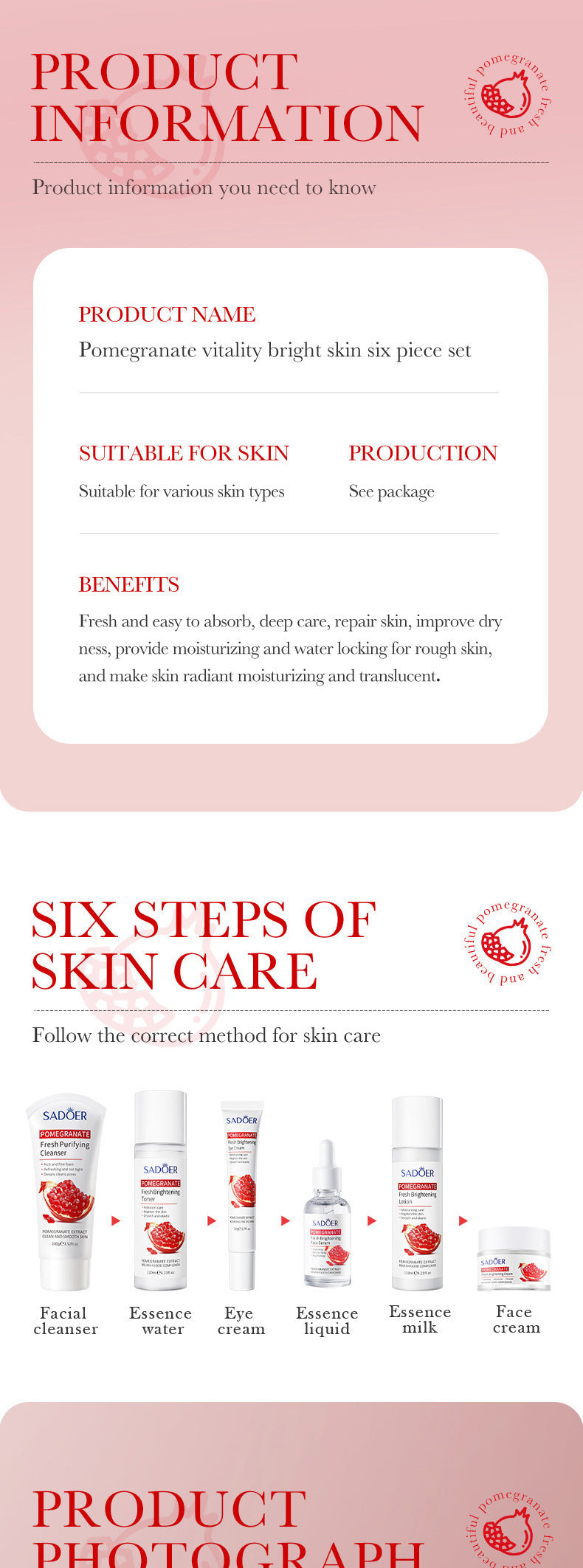 Red Pomegranate Skincare Set SADOER Hydrating Moisturizing Cleansing Nourishing  Wholesale