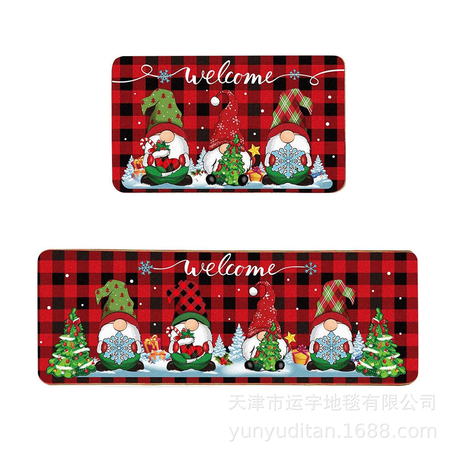 Christmas Kitchen Floor Mat Two-Piece Set Crystal Velvet Water-Absorbent Oil-Absorbent Non-Slip Foot Mat Holiday Decorative Floor Mat