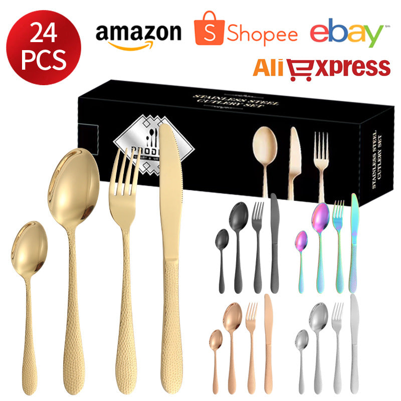 410Stainless Steel Tableware Hotel Restaurant Hammered Knife Fork Spoon24Set of Western Steak Knives and Forks