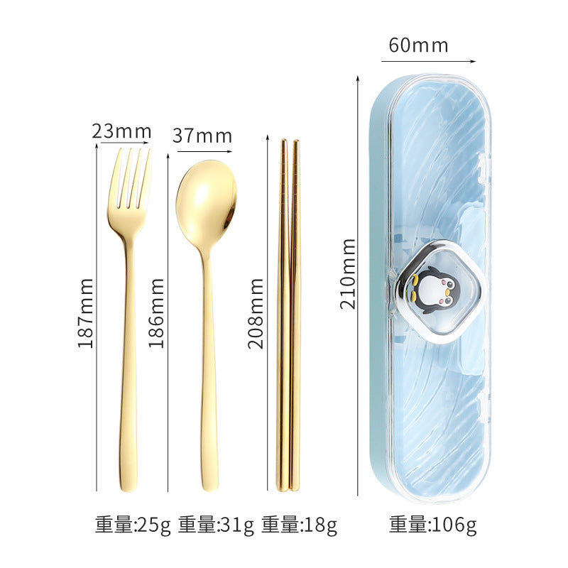 304Stainless Steel Tableware Student Cartoon Portable Tableware Set Work Outdoor Fork Spoon Chopsticks Three-piece Set