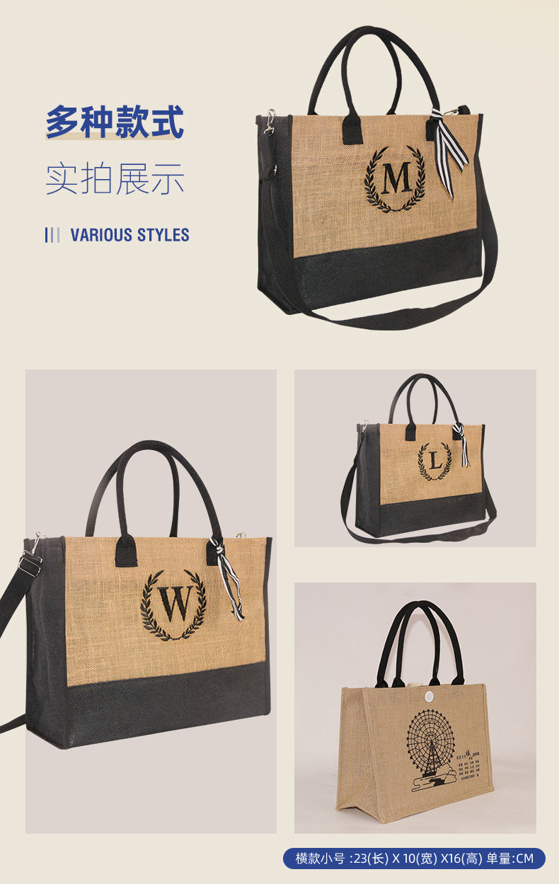 New In-Stock Coated Embroidered Letter Bag Burlap Bag Vintage Personalized Casual Shopping Bag Burlap Tote Bag