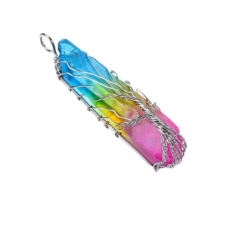 Natural White Crystal Women's Necklace with Color Plated Hexagonal Column Life Tree Pendant Bronze Wire Wrapped Crystal Pendant Necklace