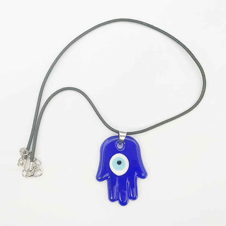 Devil's Eye Palm Necklace European and American Wax Rope Pink Necklace Turkish Blue Eye Water Drop Necklace