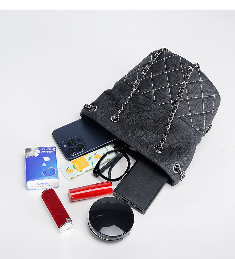 Classic Top Layer Leather Chanel Style Diamond Chain Shoulder Crossbody Women's Bag Fashion Versatile Handheld Bucket Bag for Women