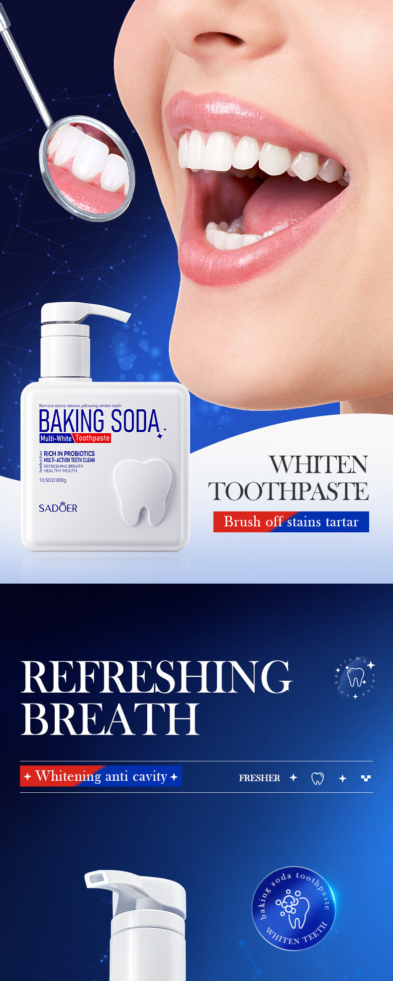 Pump Toothpaste SADOER Baking Soda Probiotics Teeth Cleaning Oral Freshness  Wholesale