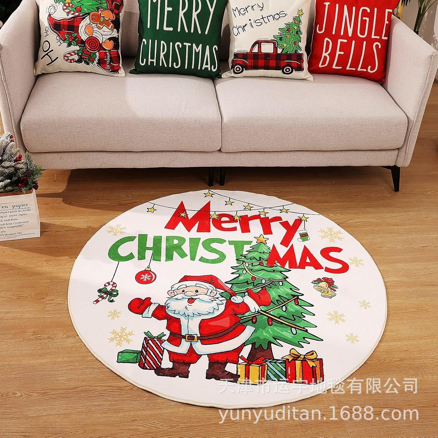 Christmas Carpet Round Living Room Crystal Velvet Floor Mat Christmas Decoration Atmosphere Mat Christmas Tree Floor Mat Customizable