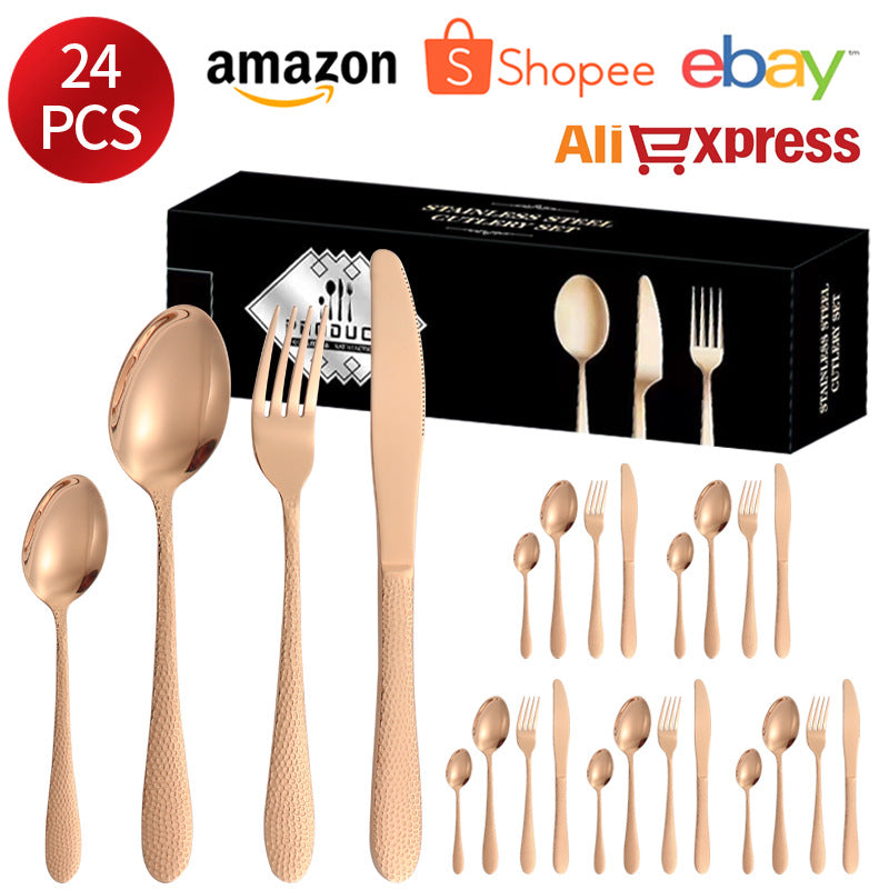 410Stainless Steel Tableware Hotel Restaurant Hammered Knife Fork Spoon24Set of Western Steak Knives and Forks