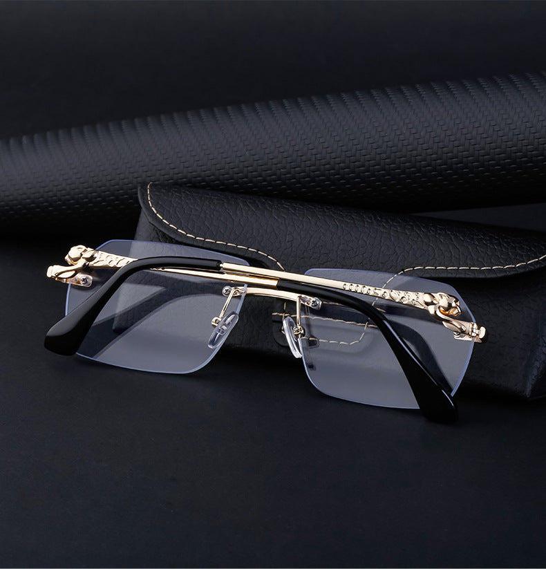 European and American Frameless Cut Edge Leopard Temple Sunglasses for Men Retro Square Frame Driving Sun Protection Sunglasses Wholesale Glasses