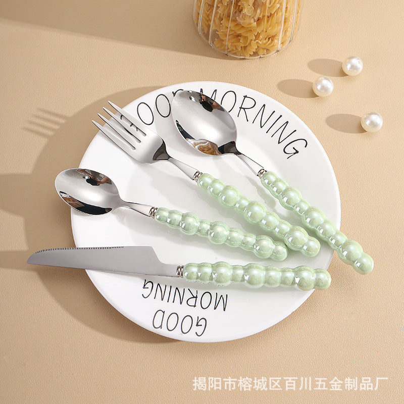 Pearl Ceramic Handle Knife European Style Set Light Luxury Nordic Style304Stainless Steel Western Cutlery Knife Fork Spoon INS