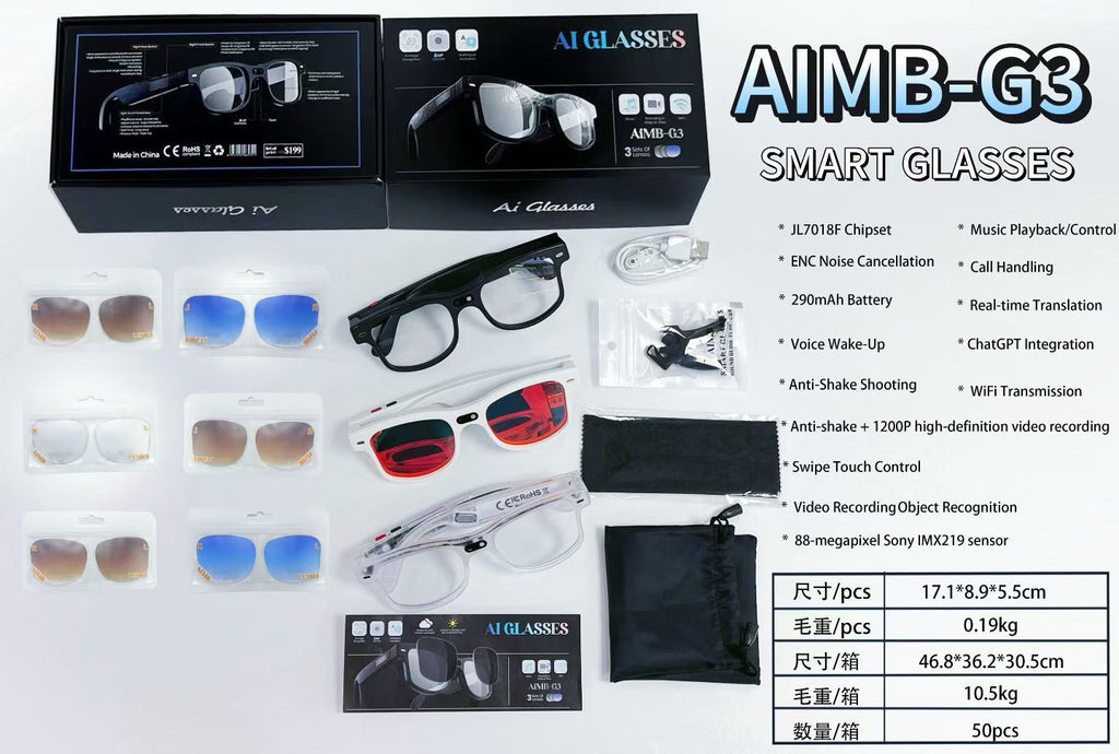 AIMB-G3Smart Glasses800100 Megapixel Camera1200P Video Recording Color Changing Lenses AI Simultaneous interpretation