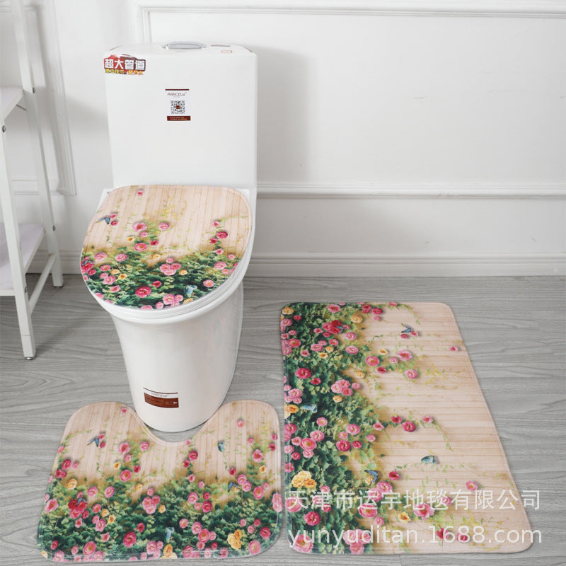 Coral Fleece Toilet Three-Piece Set Bathroom Mat Flannel Water Absorption Non-Slip Foot Mat Manufacturer Label