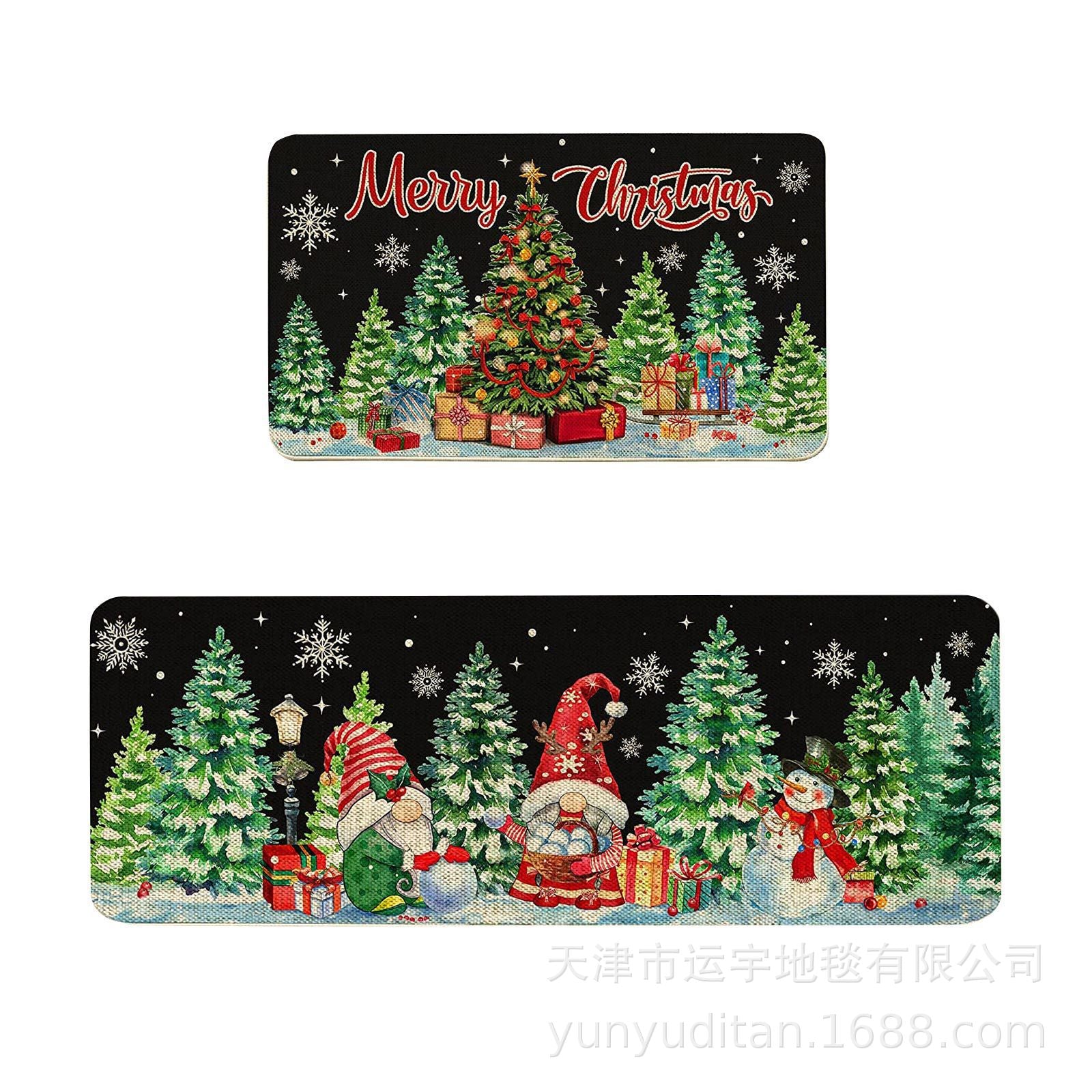 Christmas Kitchen Floor Mat Two-Piece Set Crystal Velvet Water-Absorbent Oil-Absorbent Non-Slip Foot Mat Holiday Decorative Floor Mat