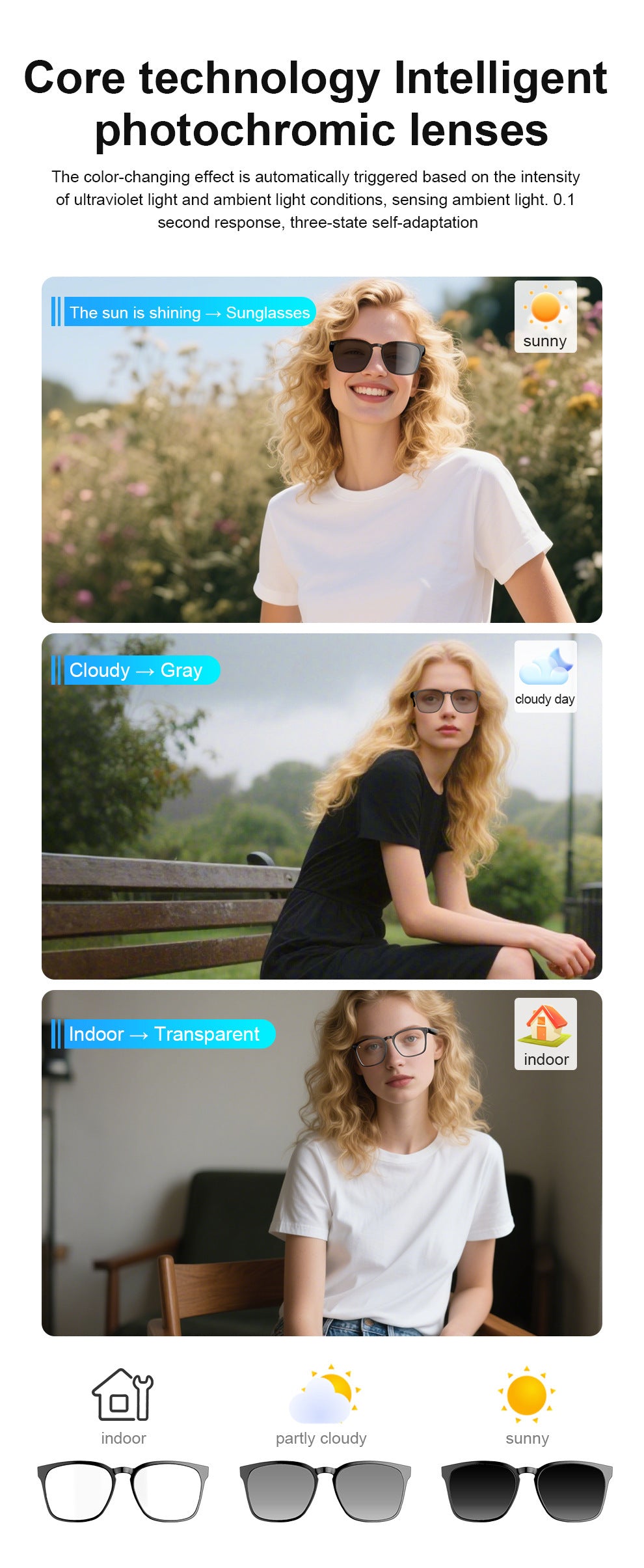 ai Translation Smart Glasses Photochromic Bluetooth Wireless Hands-Free Call Audio Multi-Function Driving Glasses