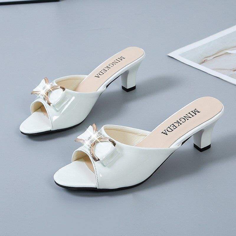 Korean Version Fashion Versatile Bowknot Thin Heel High Heels Women's Outdoor Wear Mid Heel Peep Toe Slippers Large Size Sandals Women's Shoes