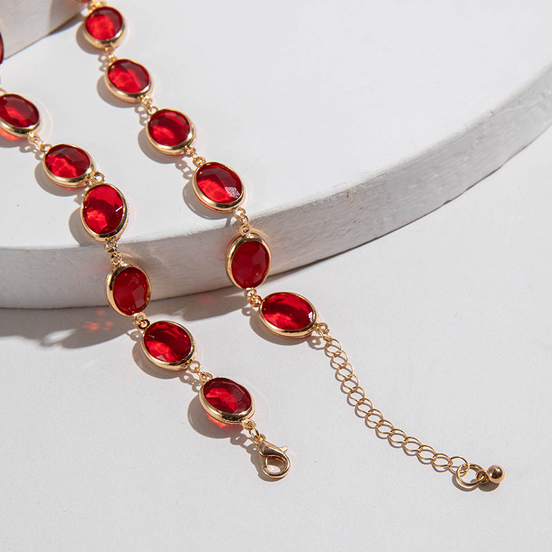 European and American Jewelry Red Diamond Cross Pendant Pearl Necklace Geometric Oval Red Diamond Necklace Wholesale