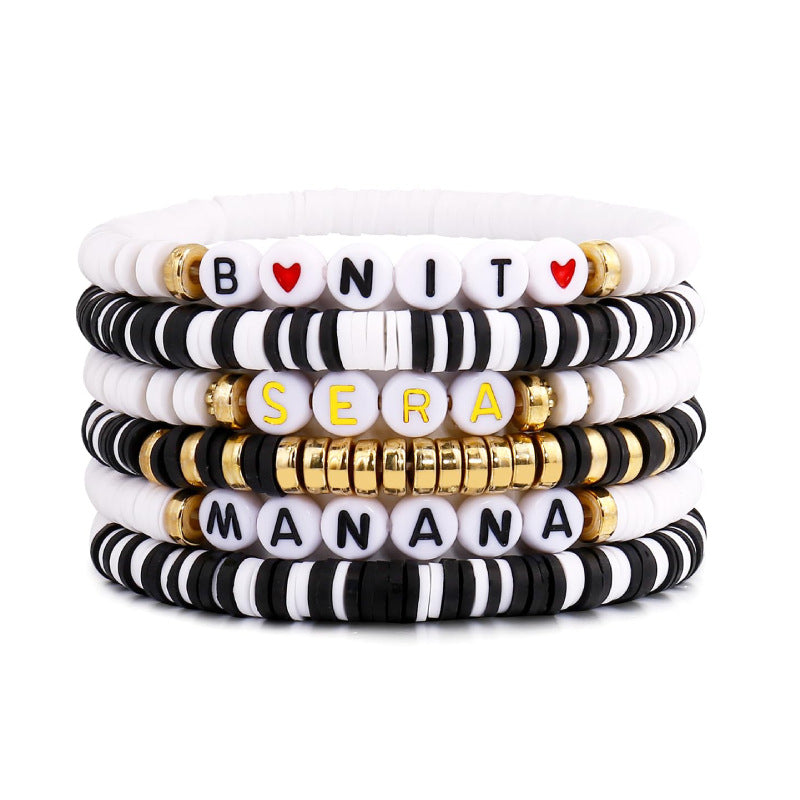 Women's Soft Clay Friendship Bracelet Music Layered Heart Bracelet Spacer Elastic Cord manana Alphabet Soft Clay Bracelet