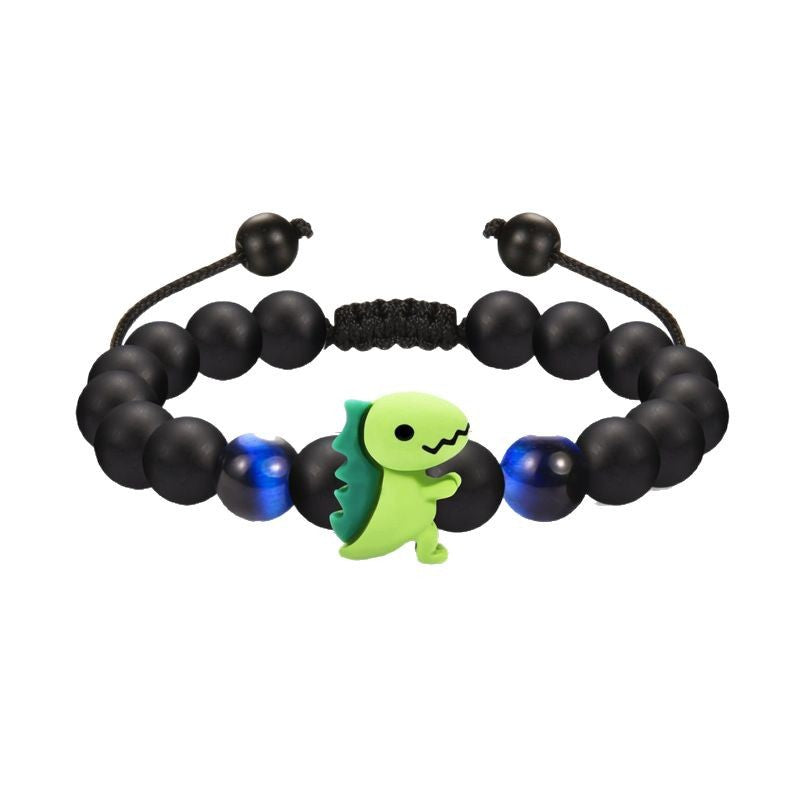 Black Matte Woven Bracelet with Tiger Eye Stone8mm Beaded Children's Back-to-School Season Bracelet Card Little Dinosaur Woven Bracelet