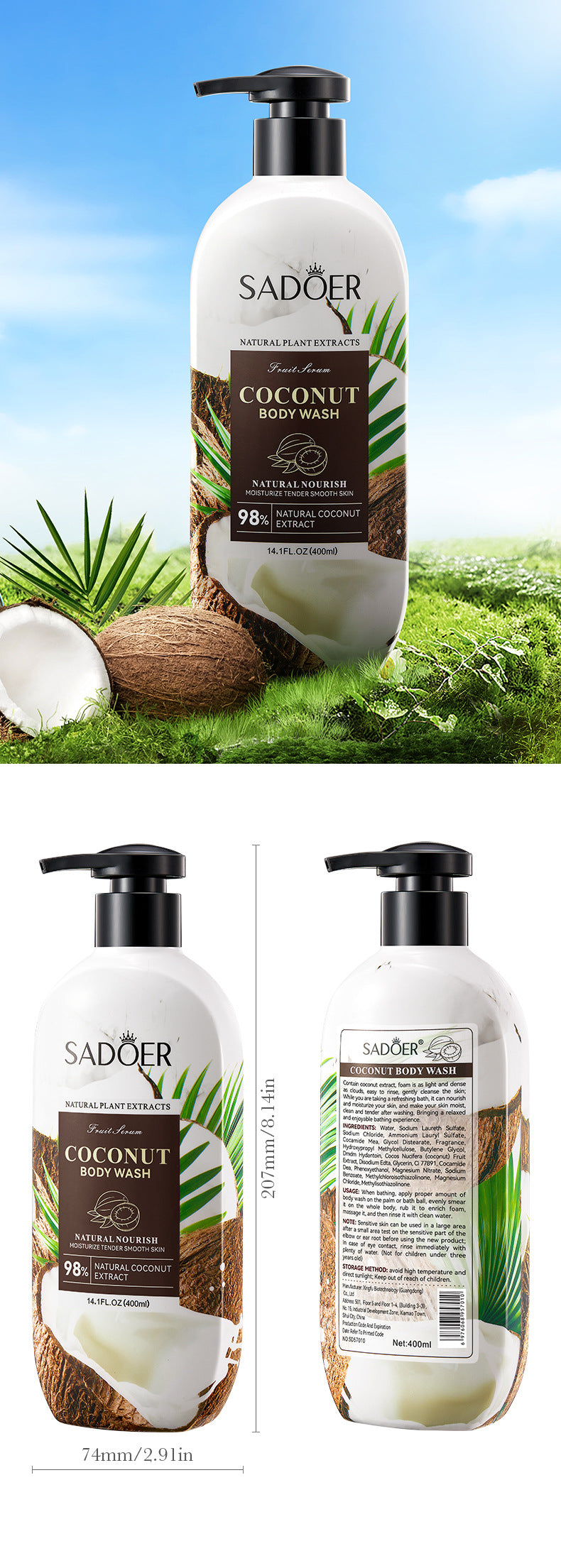 Fruit Body Wash400ml SADOER Coconut Cleansing Avocado Shower Milk  Foreign Trade Wholesale