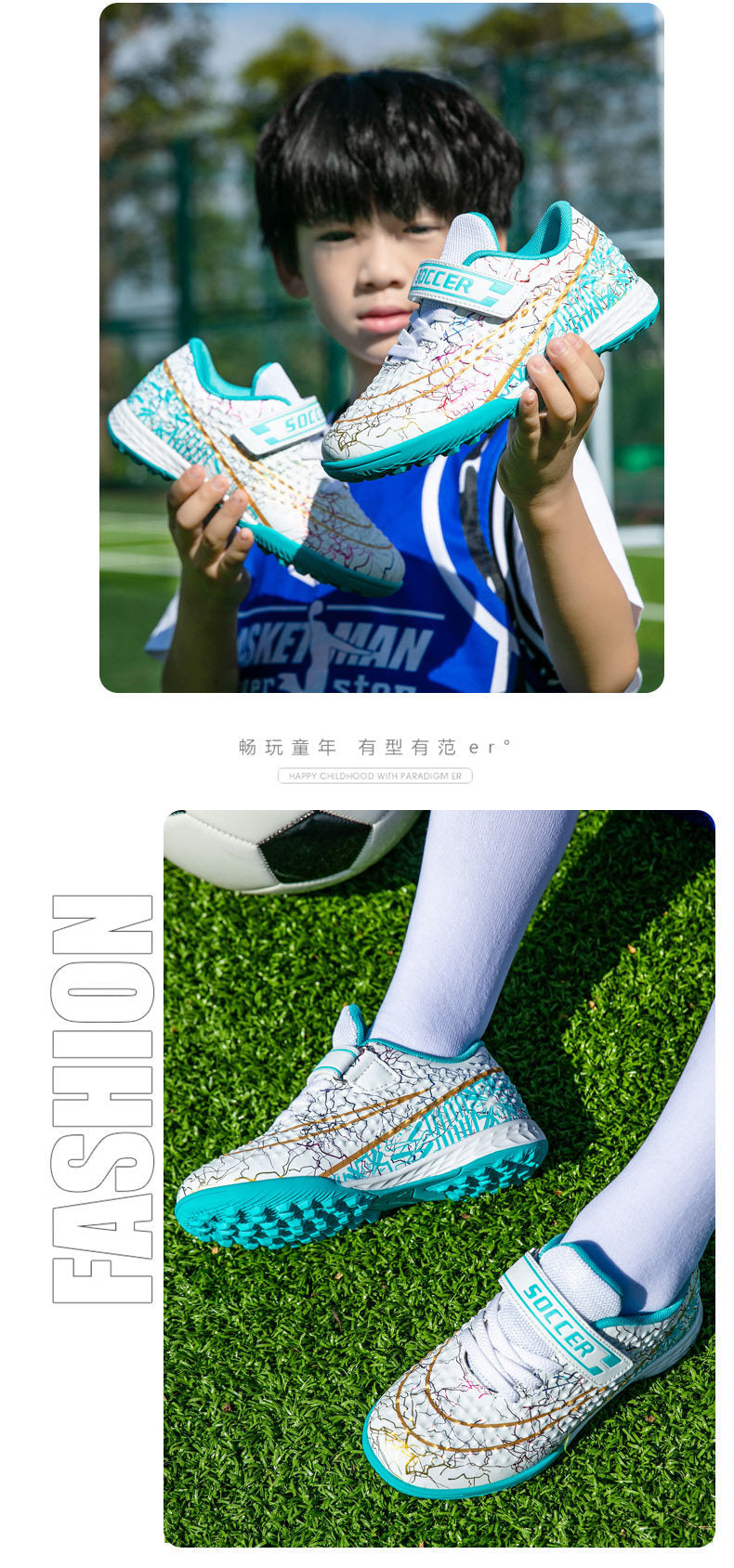 New Football Shoes for Men and Women, Children's Low-top Anti-collision Spike Magic Tape No-tie Grass Training Sports Shoes