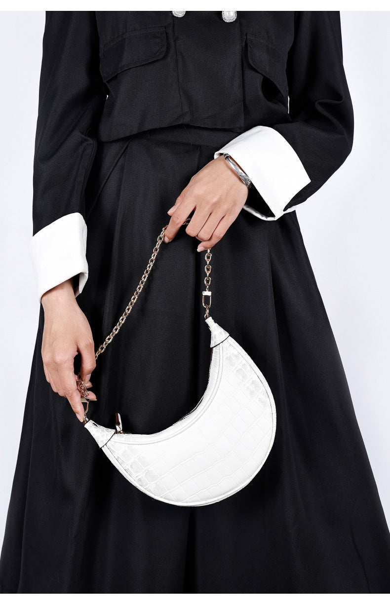 European and American Underarm Single Shoulder Bag for Women, Chain Moon Bag, Mini Fashion Women's Bag, Trendy Versatile Crocodile Pattern Light Luxury Crossbody Bag