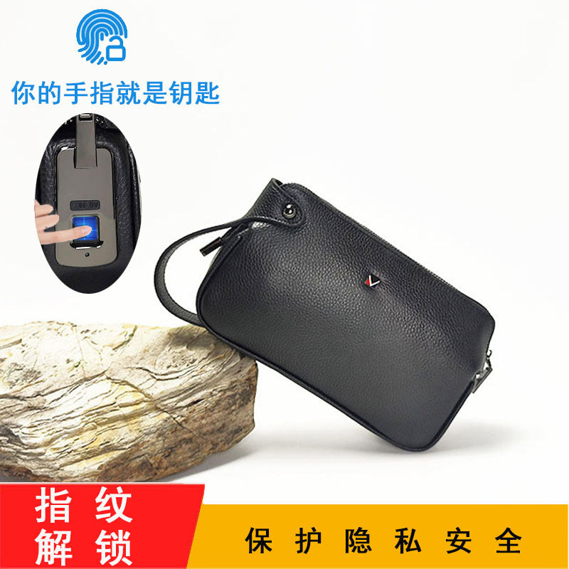 Fingerprint Lock Clutch Wrist Strap Handheld Bag for Phone Men's Business Genuine Leather Handbag Portable Fingerprint Unlock