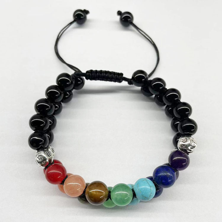 Men's Natural Stone Double Row Bracelet Woven Adjustable Bracelet Couple Colorful Volcanic Stone Woven Bracelet