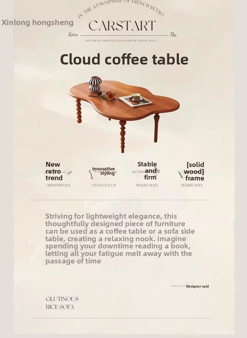 2025New Small Apartment Living Room Home Coffee Table Vintage Solid Wood Walnut French Light Luxury Irregular Shape Low Dining Table