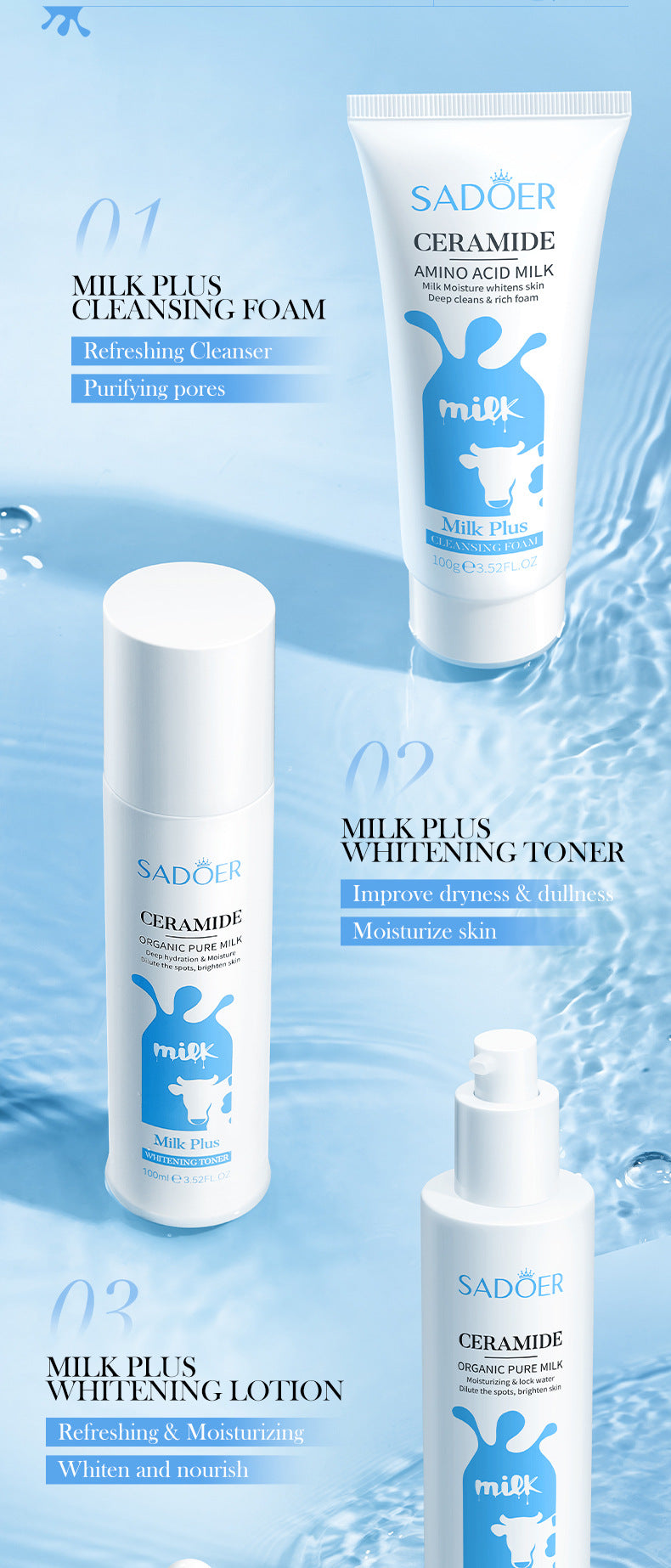 Milk Skin Care Set SADOER Ceramide Whitening and Moisturizing Six-piece Set Cross-border Foreign Trade Wholesale