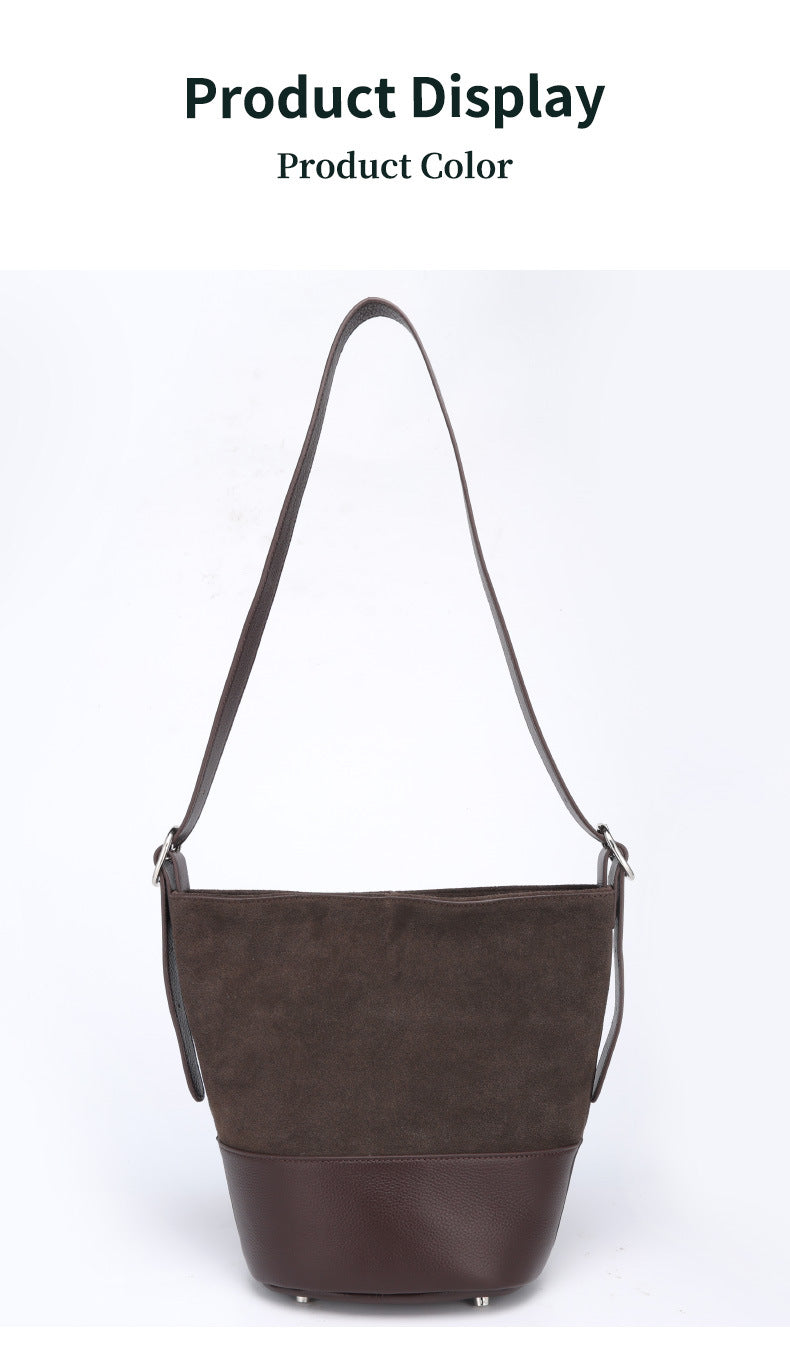 European and American Style Matte Single Shoulder Crossbody Bag for Women, Large Capacity Genuine Leather Fashion Versatile Color-Block Handbag Bucket Bag Underarm Bag for Women