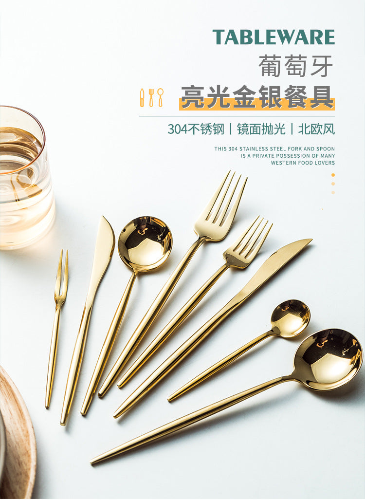 Portuguese Tableware304Glossy Round Handle Main Dinner Knife Fork Spoon Thick Mirror Dessert Spoon Fruit Fork Ice Spoon