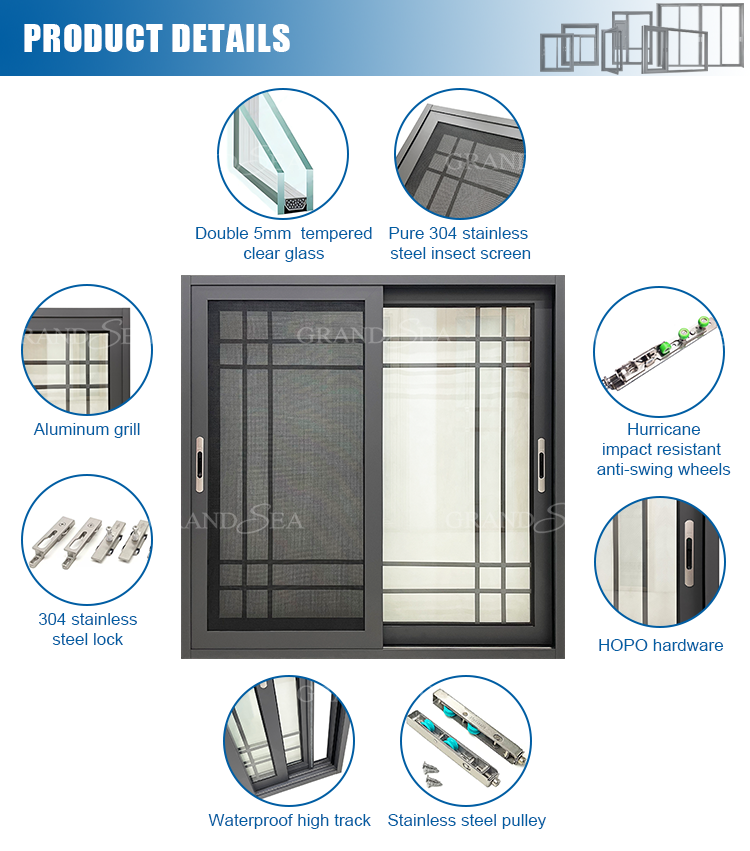 Strong Stainless Steel Mesh Customized Aluminum Balcony Sliding windows With Safety Lock